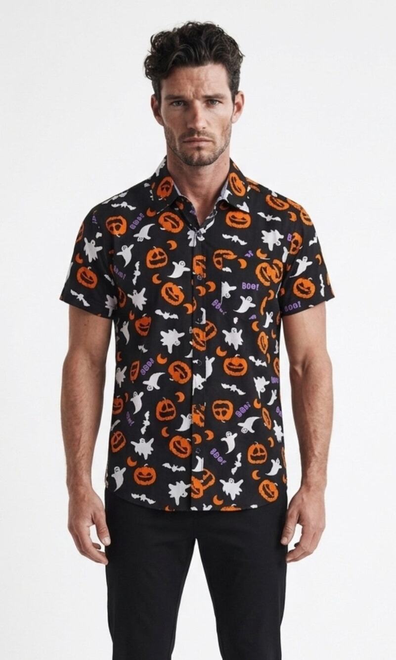 Eighth Avenue Halloween Ghost Pumpkin Boo Button-Up Shirt Men's Small Slim Fit